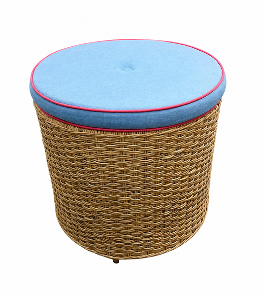 Puff Rattan Almofada Azul e Vivo Coral